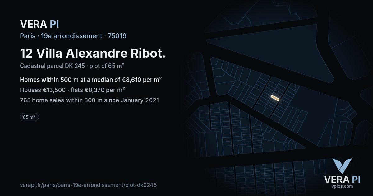 12 Villa Alexandre Ribot, 19e arrondissement at night – the plot lit, the parcels around coloured by the prices near them