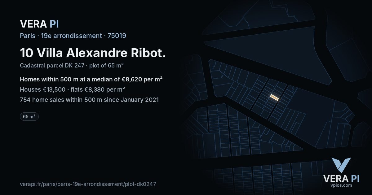 10 Villa Alexandre Ribot, 19e arrondissement at night – the plot lit, the parcels around coloured by the prices near them