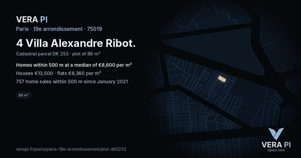 4 Villa Alexandre Ribot, 19e arrondissement at night – the plot lit, the parcels around coloured by the prices near them