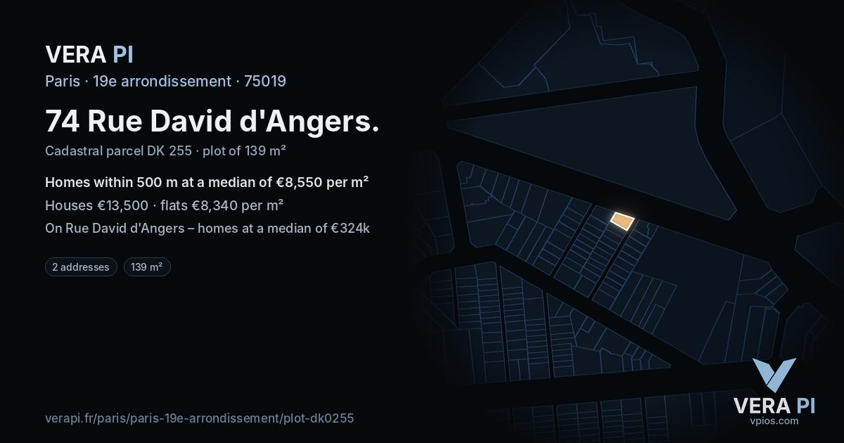74 Rue David d'Angers, 19e arrondissement at night – the plot lit, the parcels around coloured by the prices near them