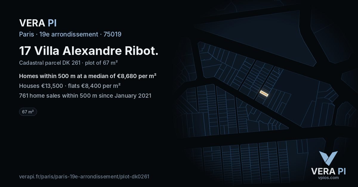 17 Villa Alexandre Ribot, 19e arrondissement at night – the plot lit, the parcels around coloured by the prices near them