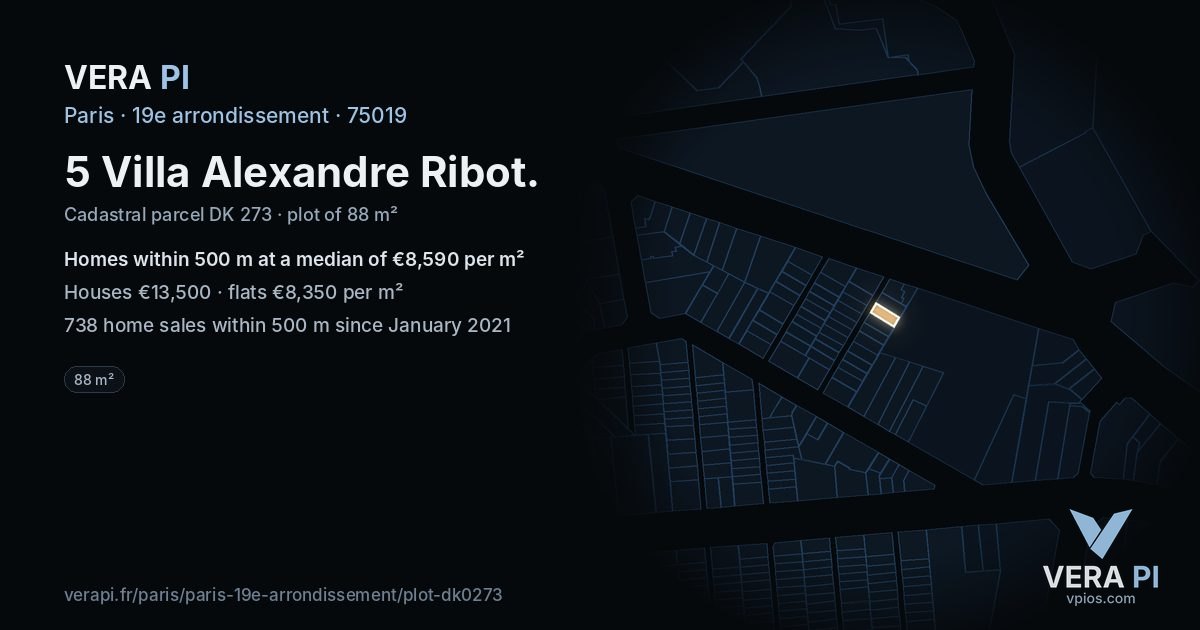 5 Villa Alexandre Ribot, 19e arrondissement at night – the plot lit, the parcels around coloured by the prices near them