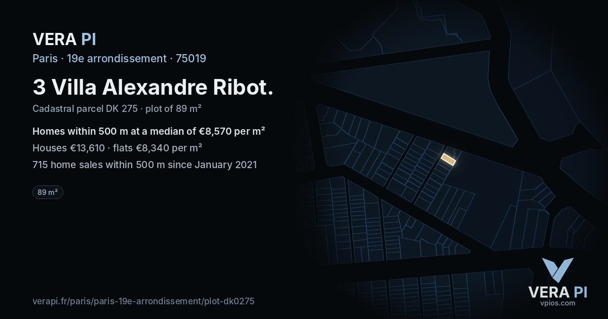 3 Villa Alexandre Ribot, 19e arrondissement at night – the plot lit, the parcels around coloured by the prices near them