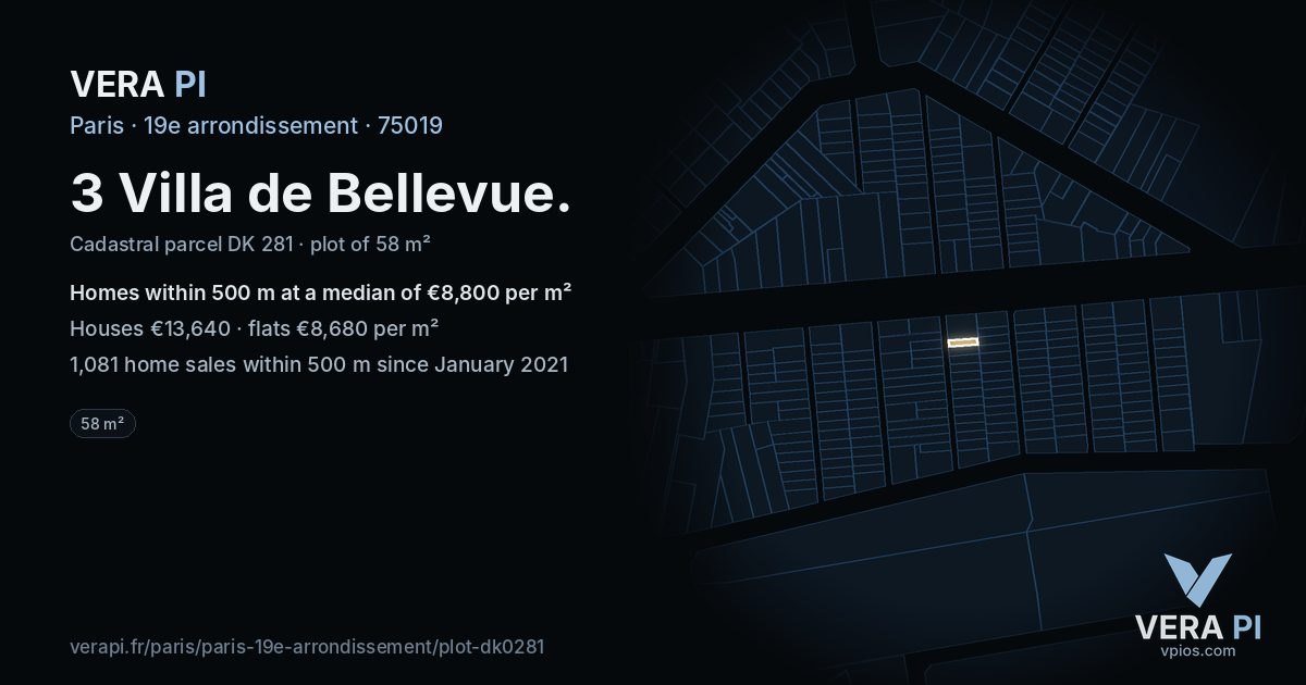 3 Villa de Bellevue, 19e arrondissement at night – the plot lit, the parcels around coloured by the prices near them