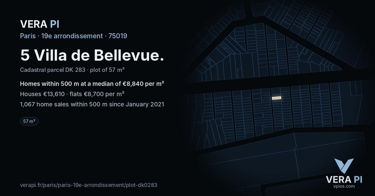 5 Villa de Bellevue, 19e arrondissement at night – the plot lit, the parcels around coloured by the prices near them