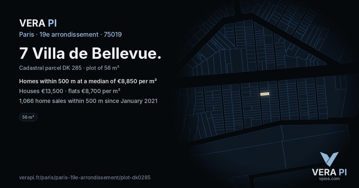 7 Villa de Bellevue, 19e arrondissement at night – the plot lit, the parcels around coloured by the prices near them