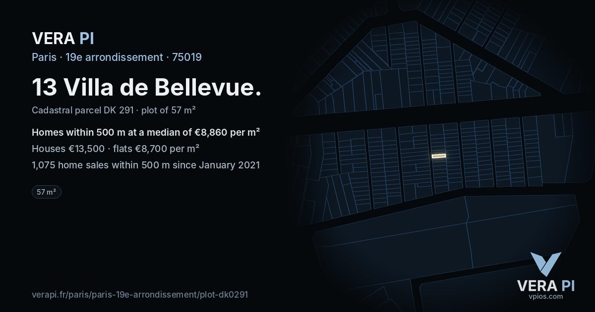 13 Villa de Bellevue, 19e arrondissement at night – the plot lit, the parcels around coloured by the prices near them