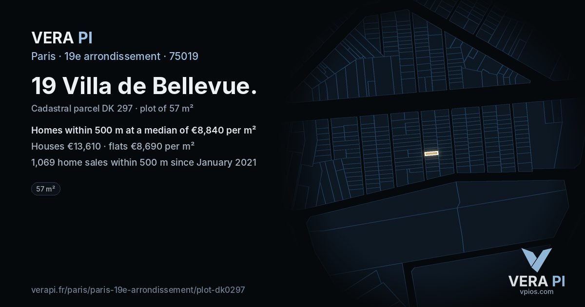 19 Villa de Bellevue, 19e arrondissement at night – the plot lit, the parcels around coloured by the prices near them
