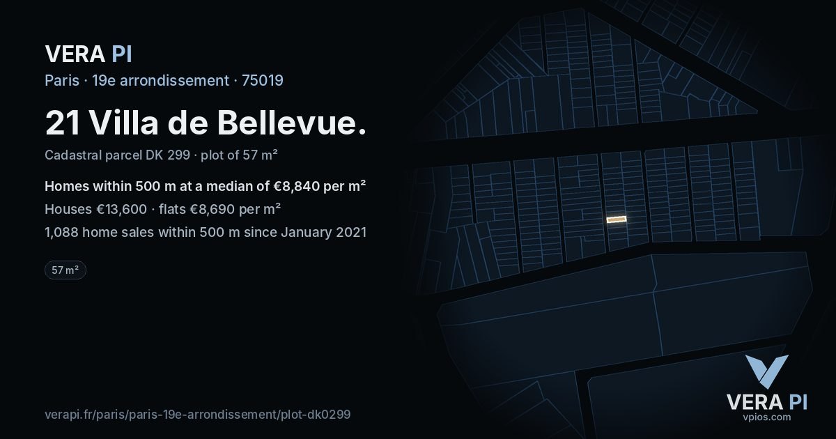 21 Villa de Bellevue, 19e arrondissement at night – the plot lit, the parcels around coloured by the prices near them