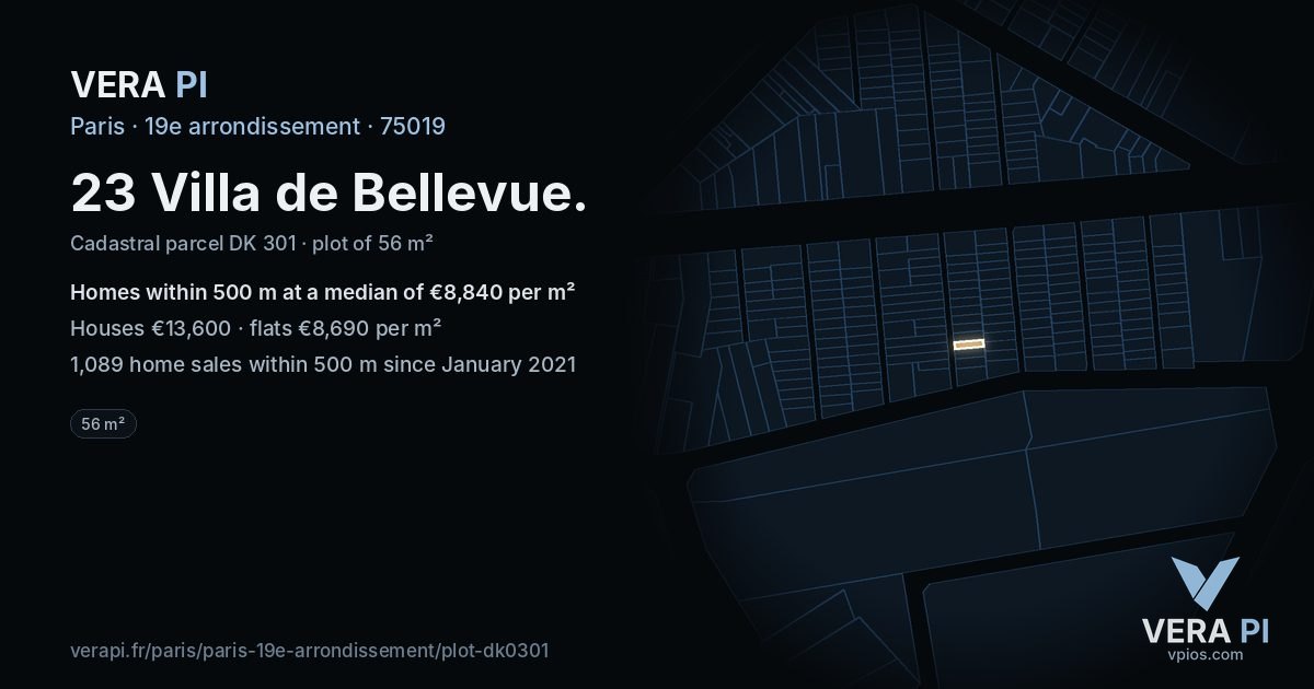 23 Villa de Bellevue, 19e arrondissement at night – the plot lit, the parcels around coloured by the prices near them