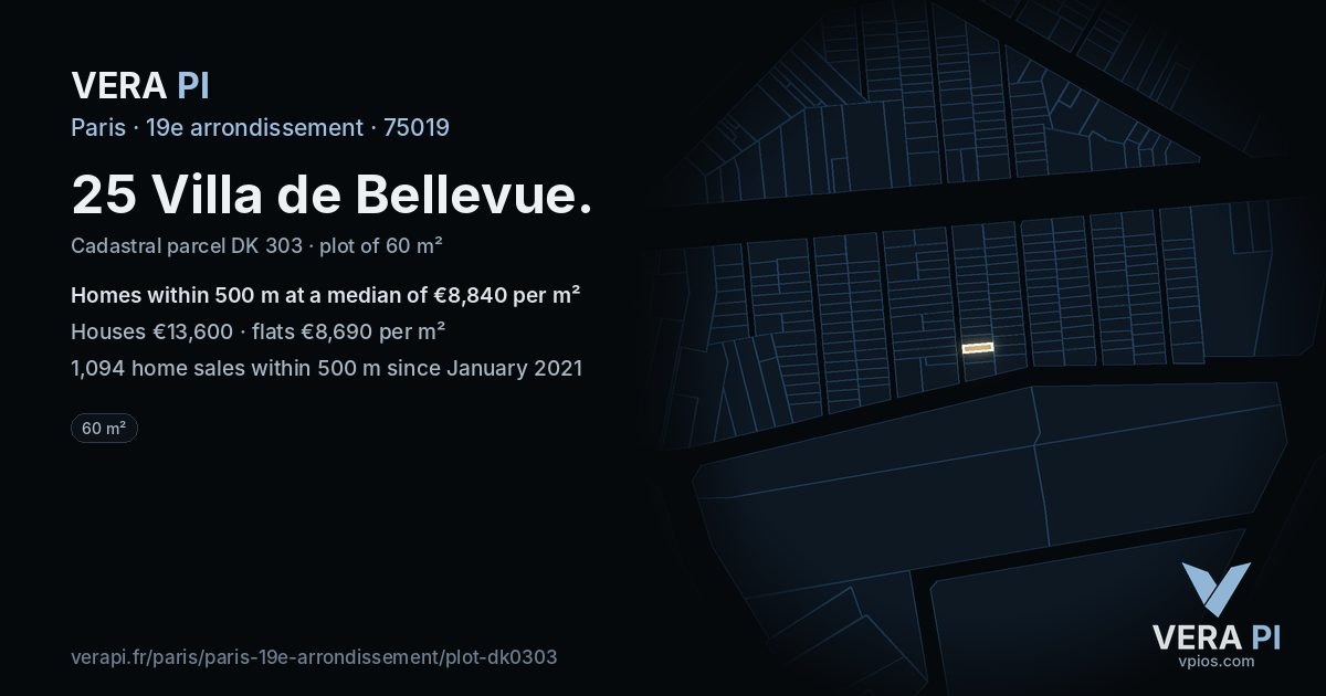 25 Villa de Bellevue, 19e arrondissement at night – the plot lit, the parcels around coloured by the prices near them