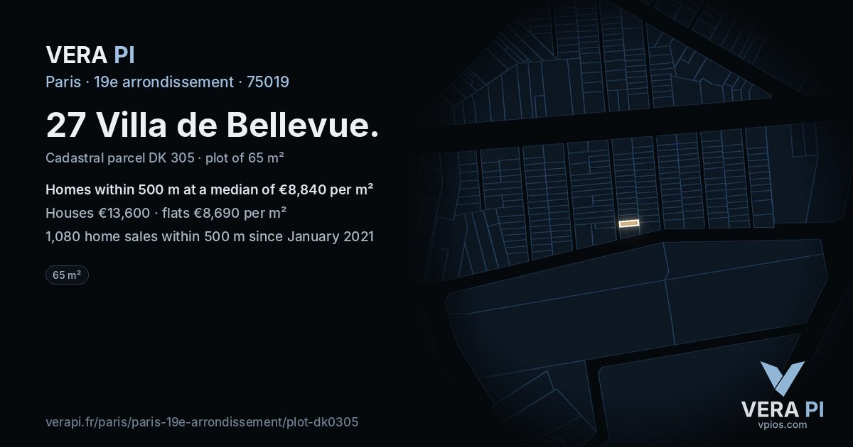 27 Villa de Bellevue, 19e arrondissement at night – the plot lit, the parcels around coloured by the prices near them