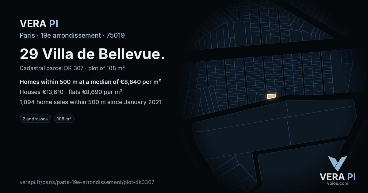 29 Villa de Bellevue, 19e arrondissement at night – the plot lit, the parcels around coloured by the prices near them