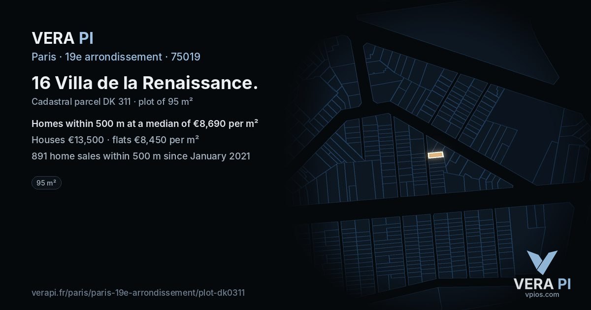 16 Villa de la Renaissance, 19e arrondissement at night – the plot lit, the parcels around coloured by the prices near them