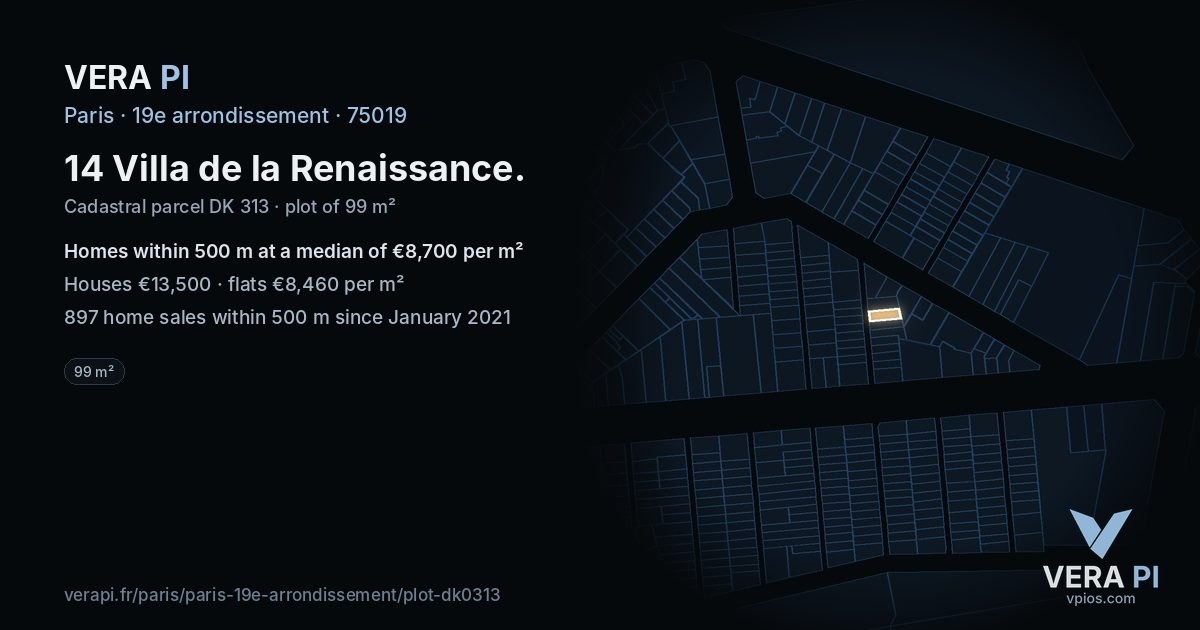 14 Villa de la Renaissance, 19e arrondissement at night – the plot lit, the parcels around coloured by the prices near them