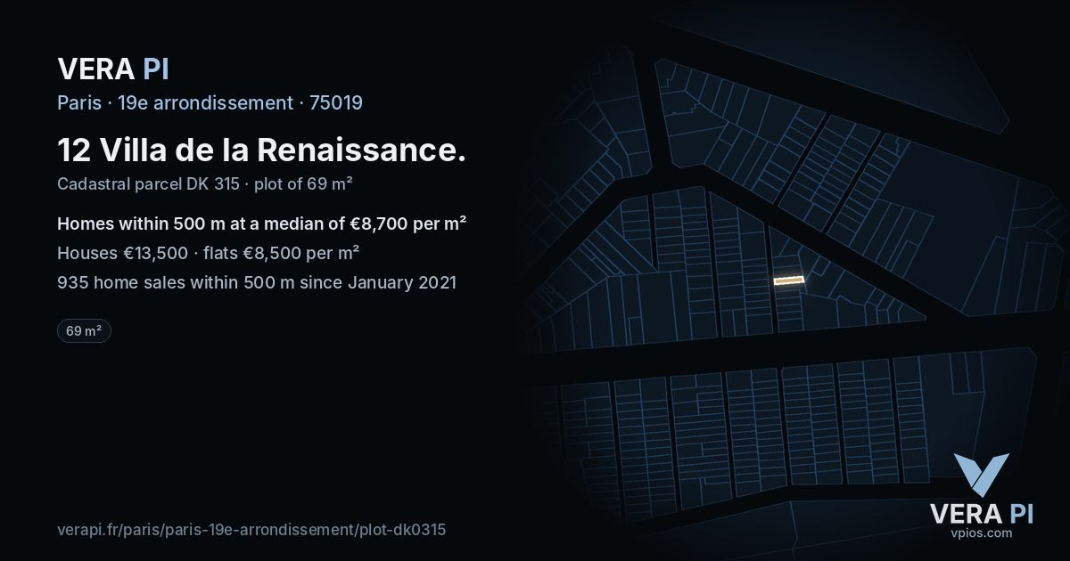 12 Villa de la Renaissance, 19e arrondissement at night – the plot lit, the parcels around coloured by the prices near them