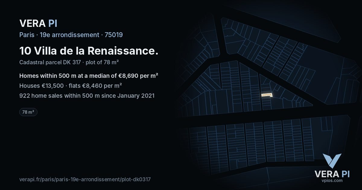 10 Villa de la Renaissance, 19e arrondissement at night – the plot lit, the parcels around coloured by the prices near them