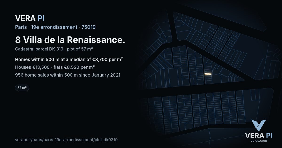 8 Villa de la Renaissance, 19e arrondissement at night – the plot lit, the parcels around coloured by the prices near them