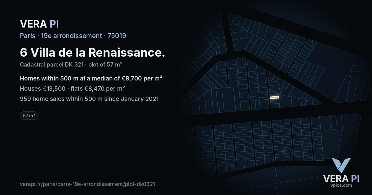 6 Villa de la Renaissance, 19e arrondissement at night – the plot lit, the parcels around coloured by the prices near them
