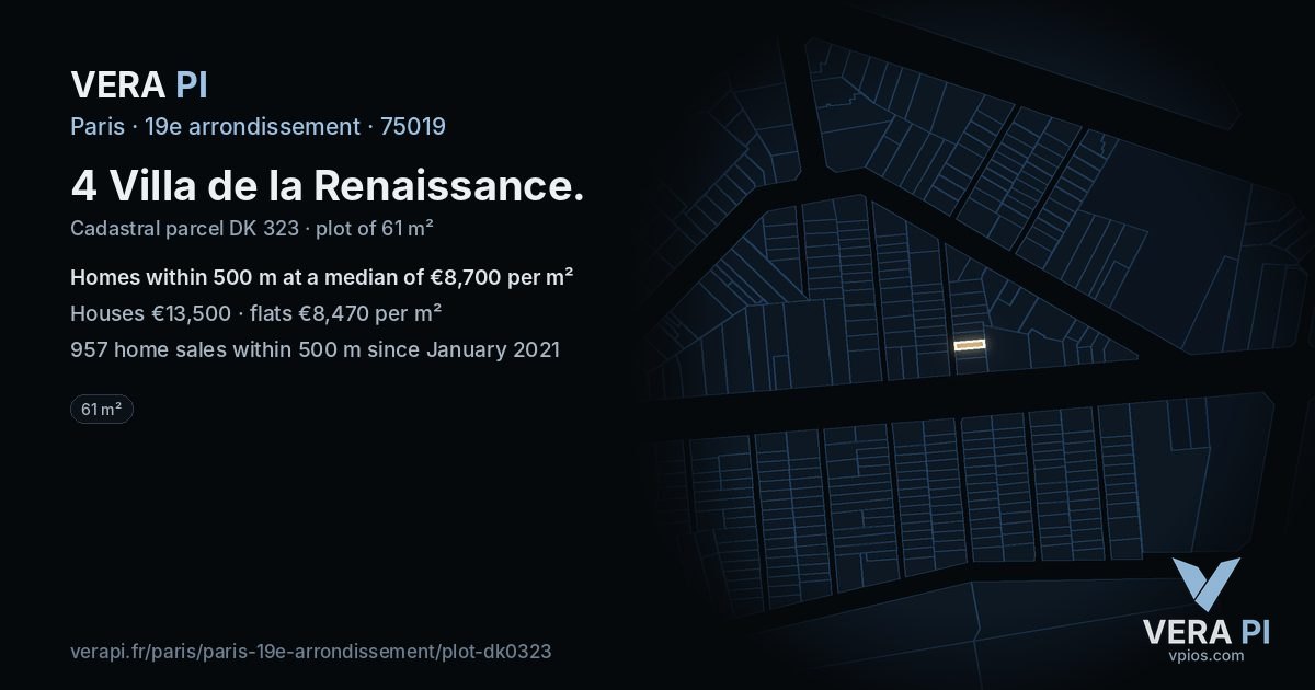 4 Villa de la Renaissance, 19e arrondissement at night – the plot lit, the parcels around coloured by the prices near them