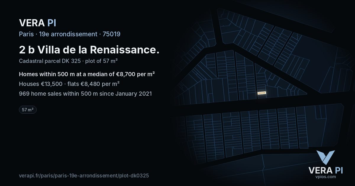 2 b Villa de la Renaissance, 19e arrondissement at night – the plot lit, the parcels around coloured by the prices near them