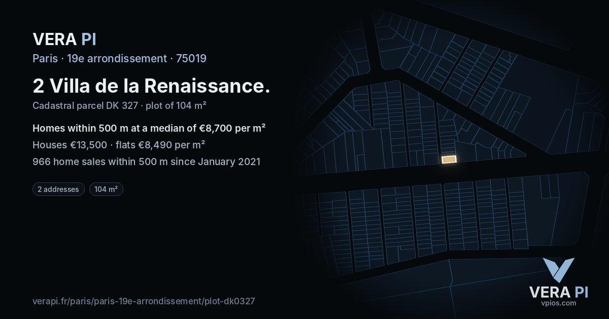 2 Villa de la Renaissance, 19e arrondissement at night – the plot lit, the parcels around coloured by the prices near them