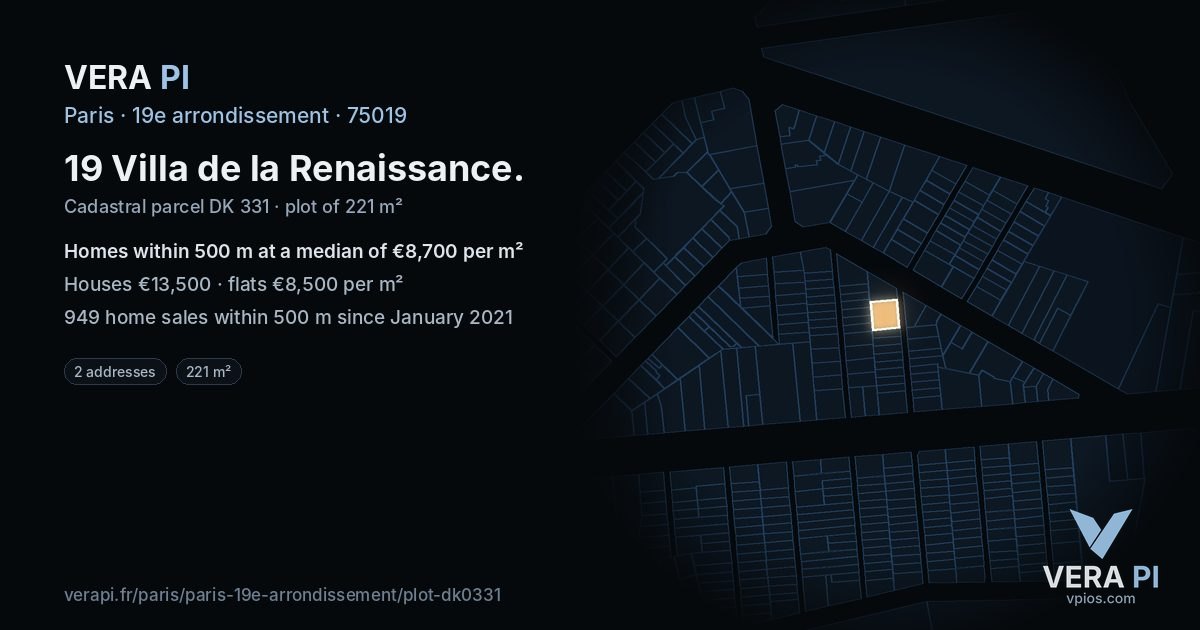 19 Villa de la Renaissance, 19e arrondissement at night – the plot lit, the parcels around coloured by the prices near them