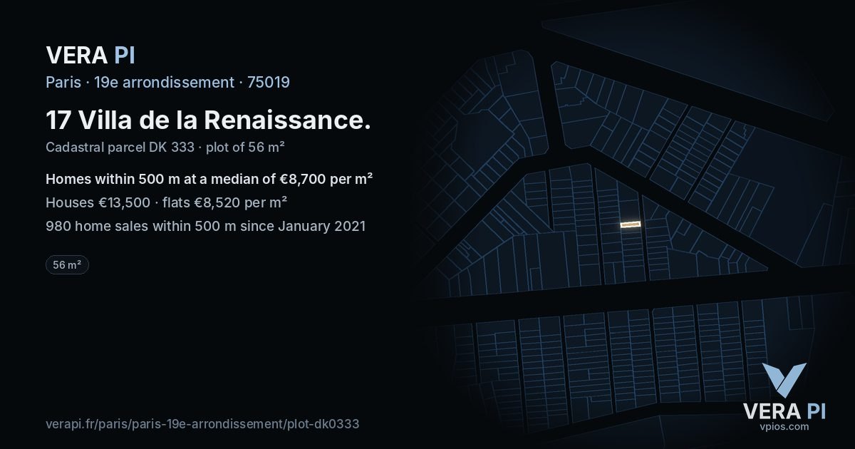 17 Villa de la Renaissance, 19e arrondissement at night – the plot lit, the parcels around coloured by the prices near them