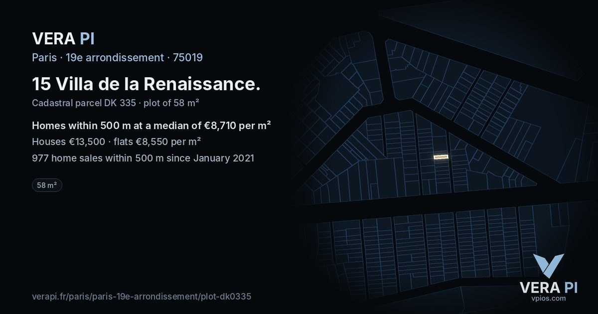 15 Villa de la Renaissance, 19e arrondissement at night – the plot lit, the parcels around coloured by the prices near them
