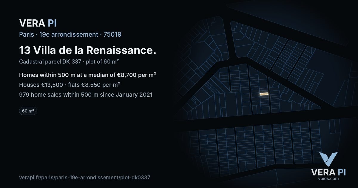 13 Villa de la Renaissance, 19e arrondissement at night – the plot lit, the parcels around coloured by the prices near them