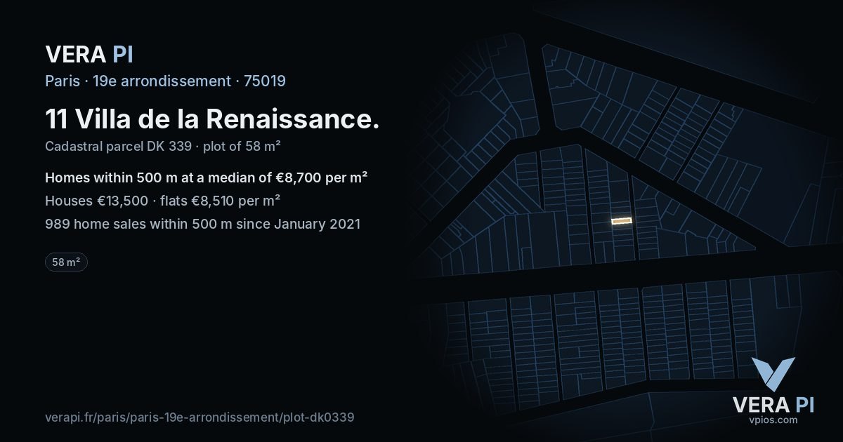 11 Villa de la Renaissance, 19e arrondissement at night – the plot lit, the parcels around coloured by the prices near them