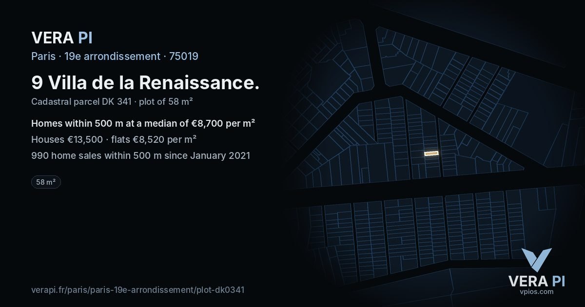 9 Villa de la Renaissance, 19e arrondissement at night – the plot lit, the parcels around coloured by the prices near them