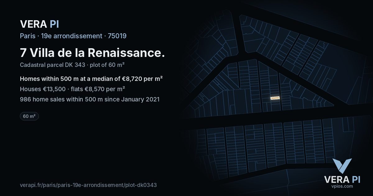 7 Villa de la Renaissance, 19e arrondissement at night – the plot lit, the parcels around coloured by the prices near them