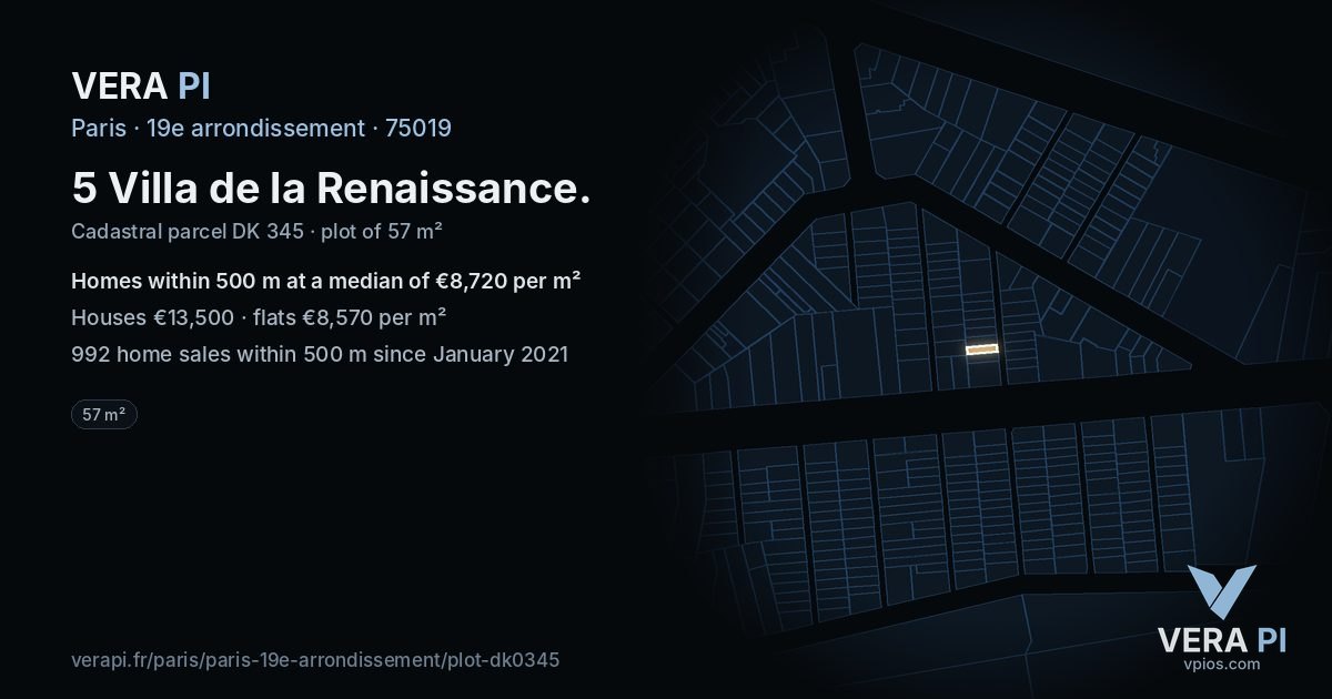 5 Villa de la Renaissance, 19e arrondissement at night – the plot lit, the parcels around coloured by the prices near them