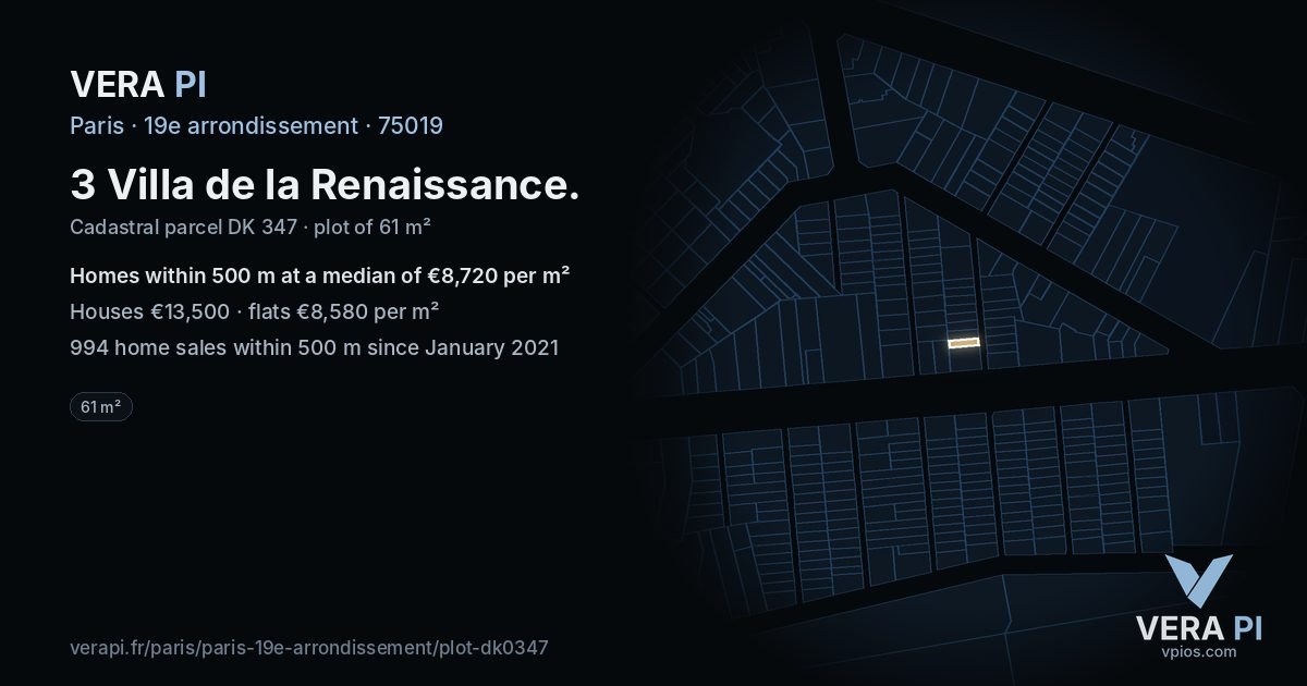 3 Villa de la Renaissance, 19e arrondissement at night – the plot lit, the parcels around coloured by the prices near them