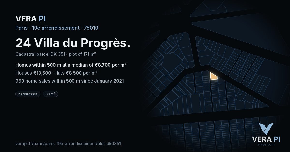 24 Villa du Progrès, 19e arrondissement at night – the plot lit, the parcels around coloured by the prices near them
