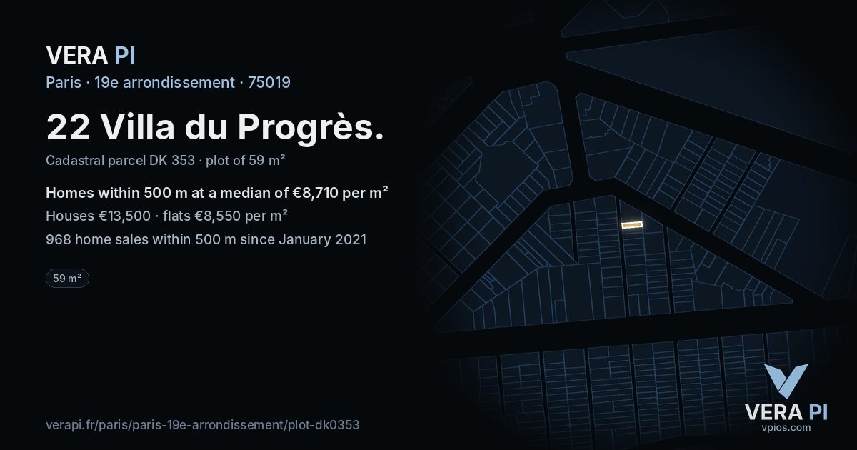 22 Villa du Progrès, 19e arrondissement at night – the plot lit, the parcels around coloured by the prices near them