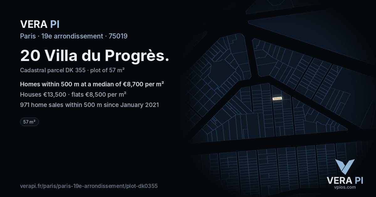 20 Villa du Progrès, 19e arrondissement at night – the plot lit, the parcels around coloured by the prices near them