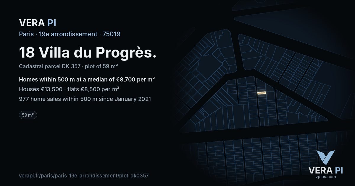 18 Villa du Progrès, 19e arrondissement at night – the plot lit, the parcels around coloured by the prices near them