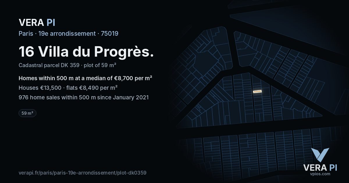 16 Villa du Progrès, 19e arrondissement at night – the plot lit, the parcels around coloured by the prices near them