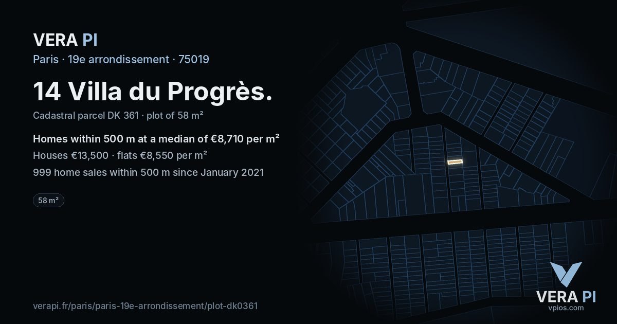 14 Villa du Progrès, 19e arrondissement at night – the plot lit, the parcels around coloured by the prices near them