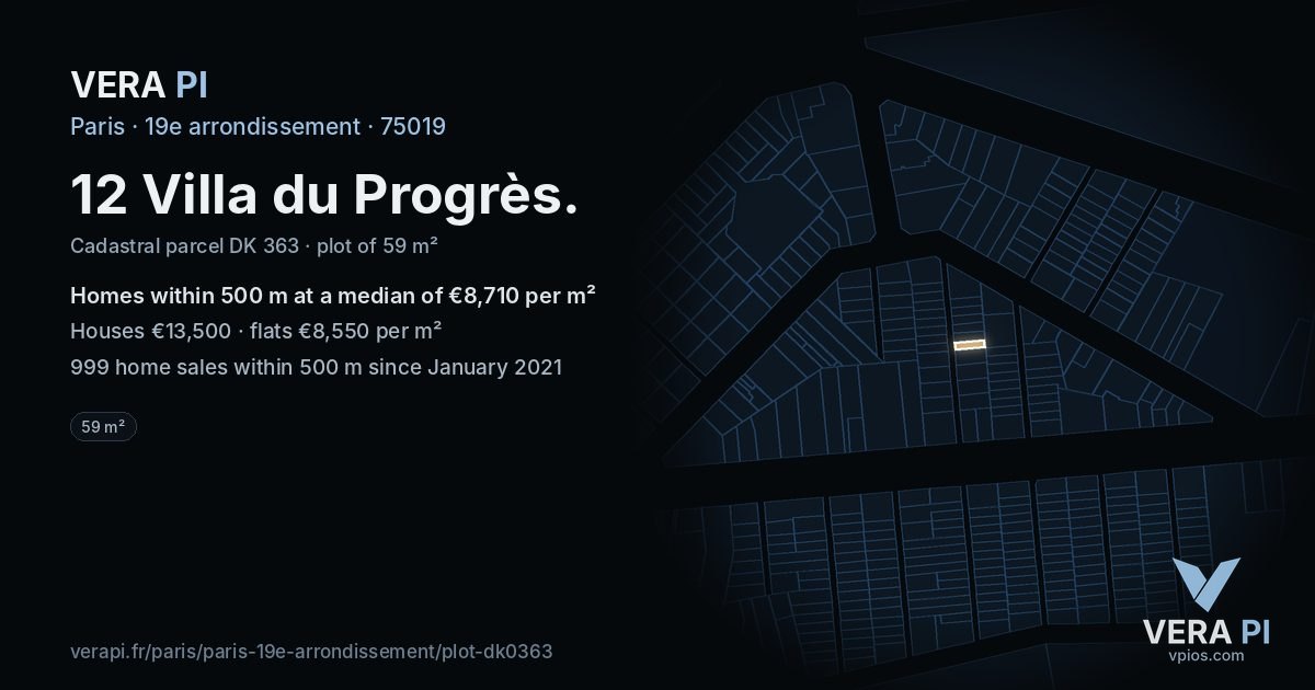 12 Villa du Progrès, 19e arrondissement at night – the plot lit, the parcels around coloured by the prices near them