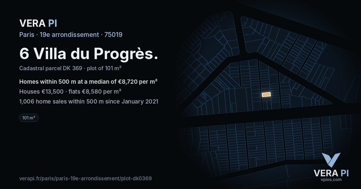 6 Villa du Progrès, 19e arrondissement at night – the plot lit, the parcels around coloured by the prices near them