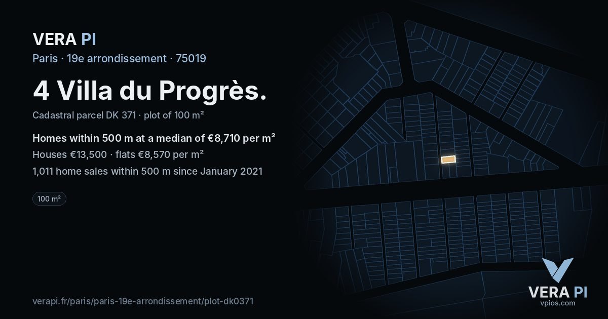 4 Villa du Progrès, 19e arrondissement at night – the plot lit, the parcels around coloured by the prices near them