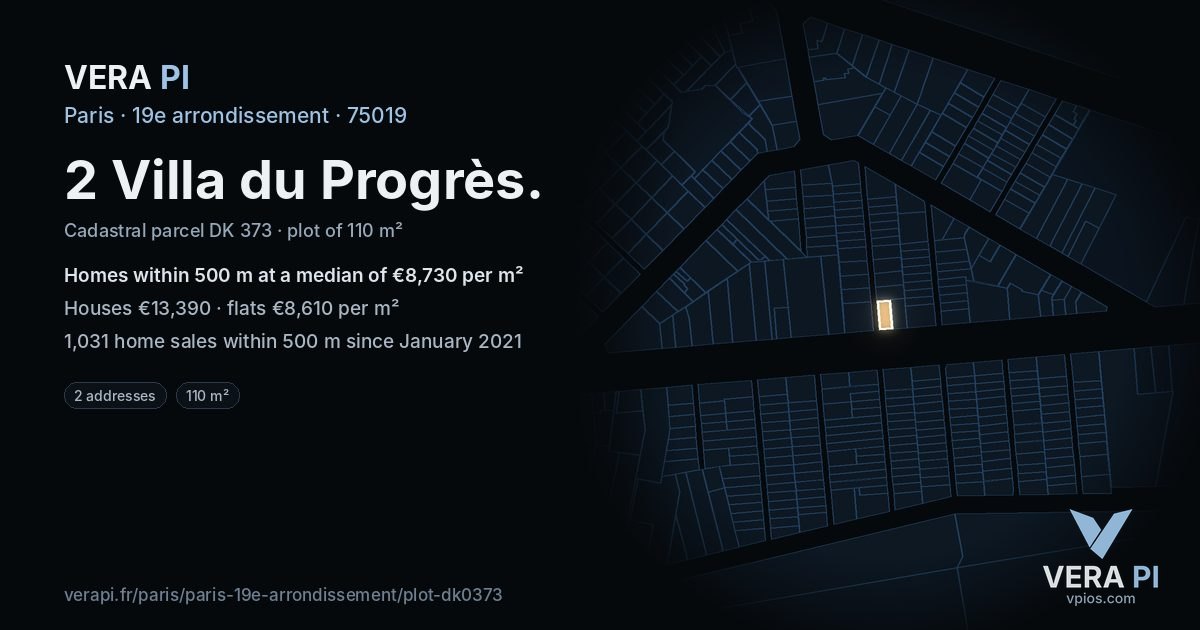 2 Villa du Progrès, 19e arrondissement at night – the plot lit, the parcels around coloured by the prices near them
