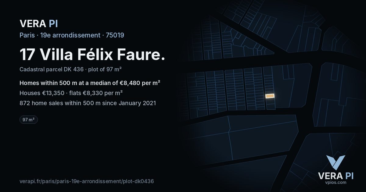 17 Villa Félix Faure, 19e arrondissement at night – the plot lit, the parcels around coloured by the prices near them