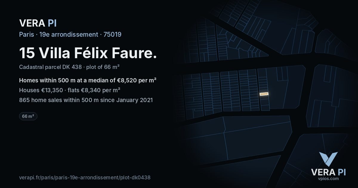15 Villa Félix Faure, 19e arrondissement at night – the plot lit, the parcels around coloured by the prices near them