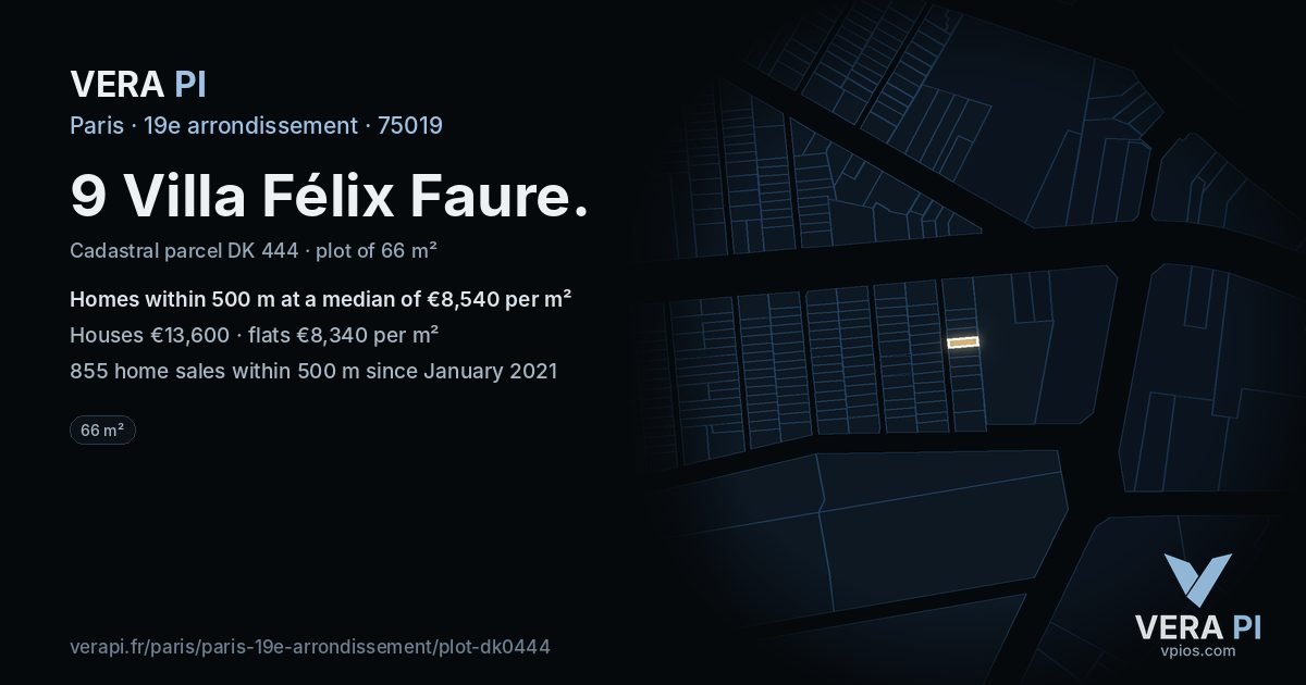 9 Villa Félix Faure, 19e arrondissement at night – the plot lit, the parcels around coloured by the prices near them
