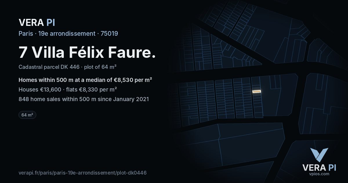 7 Villa Félix Faure, 19e arrondissement at night – the plot lit, the parcels around coloured by the prices near them