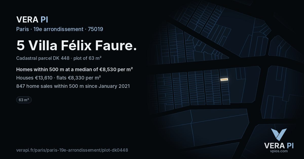 5 Villa Félix Faure, 19e arrondissement at night – the plot lit, the parcels around coloured by the prices near them